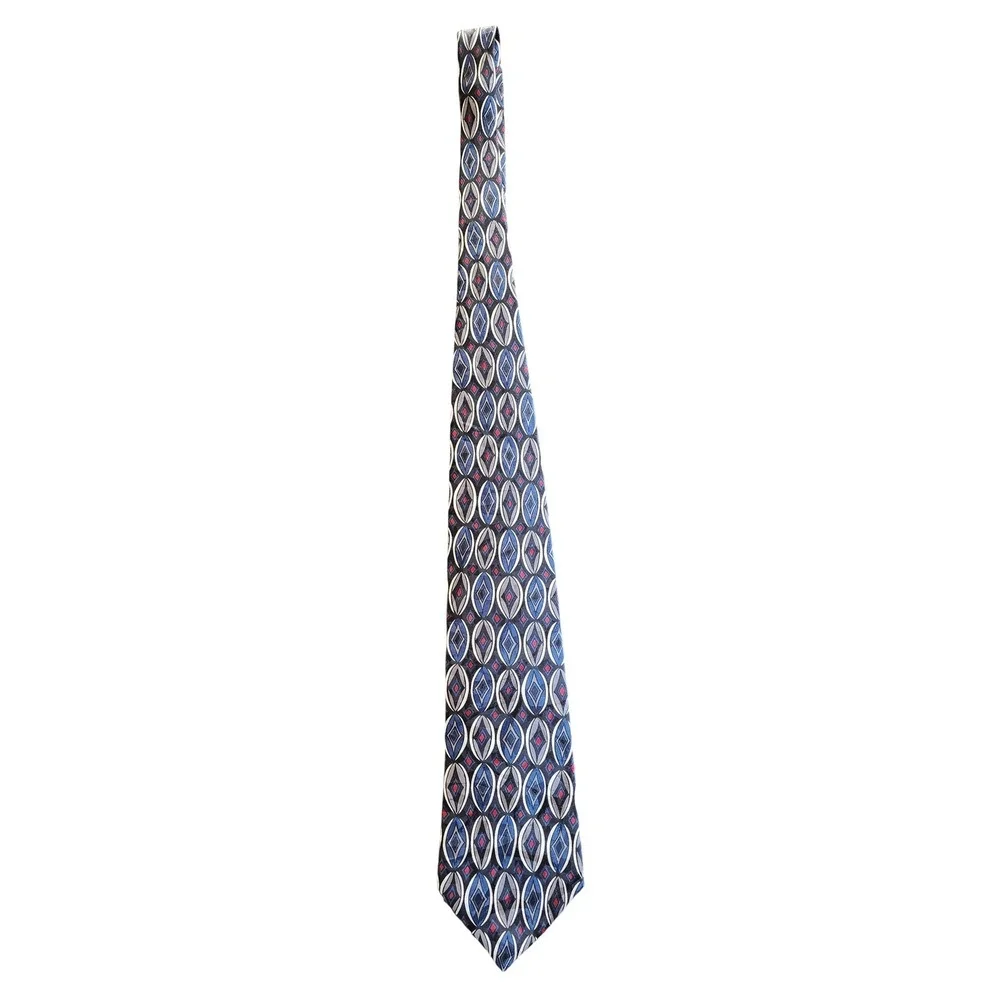 Hardy Amies Mens‎ 100% Silk Necktie Navy Blue Geometric Diamond Savile Row Style